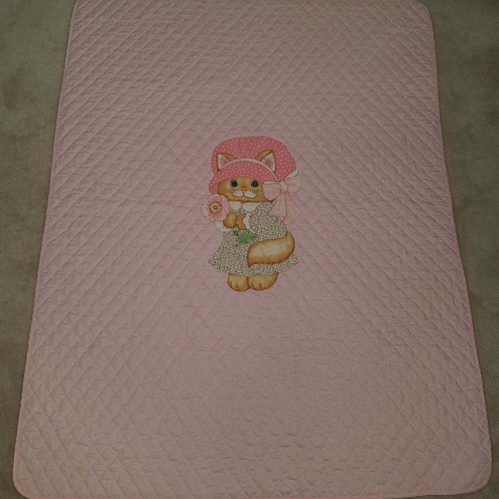 VTG Handmade Kitty Cat Blanket Pink Dress Bonnet Flowers Spring Mills Baby Quilt